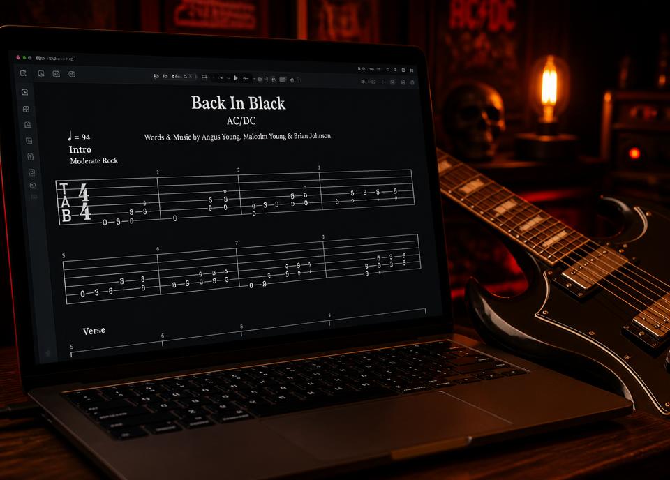 Tela de notebook exibindo tablatura de guitarra ao lado de uma guitarra elétrica